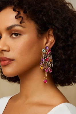 Natasha Earrings Gemstone Beaded Multicolor Chandelier Boho Chain Crystal VTG CZ - Image 1 of 4