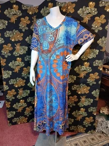 Shades of Blue Print Maxi Dress w/Rust Color & Yellow Print Size 1XL - Picture 1 of 4