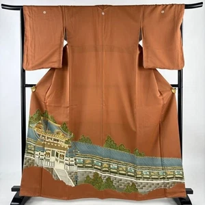 Kimono Donna Giapponese Iro-tomesode Seta Edifici Persone Lamina Oro Marrone 164,5cm - Foto 1 di 5