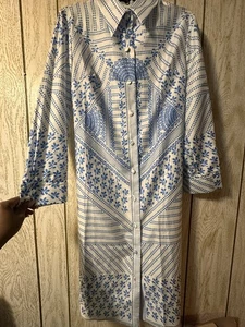 Vintage 1970s Lanvin Paris Dress Size 18 White & Blue Mod Long Sleeve ~ NWOT - Picture 1 of 5