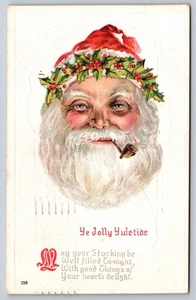 Santa Claus Face With a Holly Wreath & a Pipe, Jolly Yuletide Verse Postcard - Picture 1 of 2