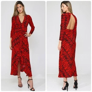 Maxi Vestido RIXO London Rosa Espalda Abierta Volantes Seda Cebra Tigre Cuello en V Mediano - Imagen 1 de 9