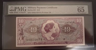 Series 651 $10 Millitary Payment Certificate PMG GEM UNCIRCULATED 65 EPQ - Image 1 of 2