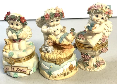 Dreamsicles Estatuillas Caja Baratija Lote 3 Déjalo Nieve Querubín Pesebre Birdbath Box Foto 1 de 4