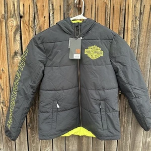 Harley Davidson Bar and Shield Woven Hooded Puffer Jacket Black Men's Large - Picture 1 of 11