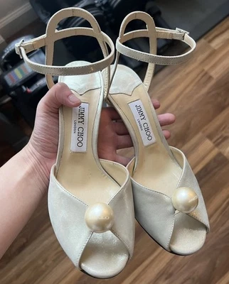 Jimmy Choo Sacaria Champagne Suede Block Mid Heel Size 38 - Image 1 of 4