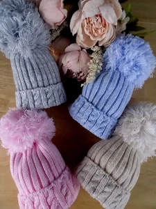 Baby Knitted Warm Hat Pom Pom Fleece Lined Boy Girl White Blue Ties 6-12-18m - Picture 1 of 4