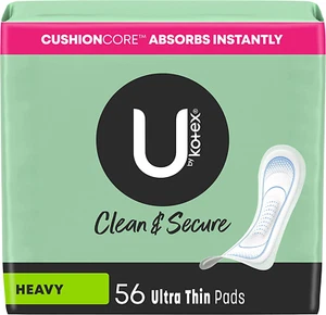U by Kotex Ultra Thin Pads, Clean & Secure, Heavy Absorbency, 56 Count (Packagin - Picture 1 of 15