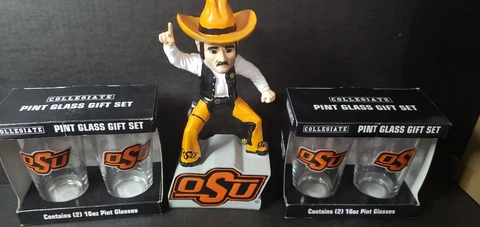 GIFT - Oklahoma State Cowboys OSU   12"  MASCOT STATUE + 4 Pint Glasses New Cover