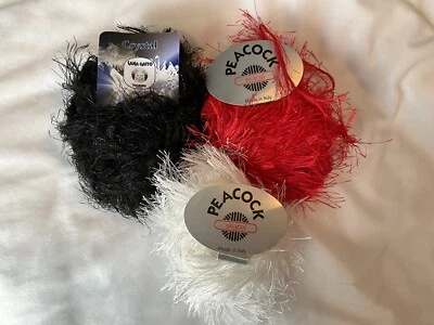 Lot 3 Eyelash Yarns Skacel White And Red, Lana Gatto Black Made In Italy - Image 1 of 4