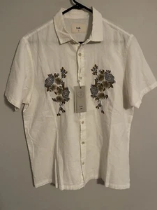 Folk Stark S/S Button Up Hawaiian Shirt Linen Blend White Floral - Men's M - New - Picture 1 of 4