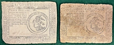 2 x $3 Continentals of 2/26/1777 signed by 2 brothers: Horatio & Rinaldo Johnson - Image 1 of 2