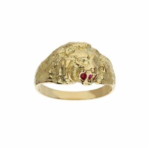 Yellow Gold Ring 18 Carat With Head Of Lion And Stone Red Men's