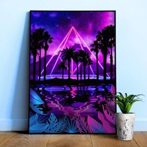 Paisaje de palmeras de neón: pirámide [onda de síntesis/onda de vapor/cyberpunk] — póster estético - Imagen 1 de 11