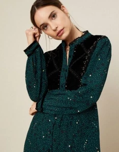 MONSOON Dress 8 Velvet & Bead Trim Green & Black Long Sleeved Midaxi Length - Picture 1 of 24