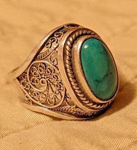 BIG BEAUTIFUL VINTAGE STERLING SILVER WOMANS FILIGREE GREEN 8.5g USSR VTG s-10 - Picture 1 of 15