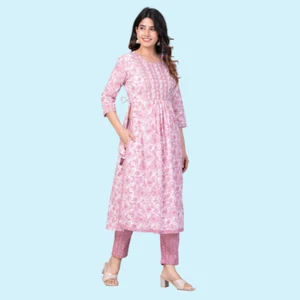 Floral Printed Pure Cotton Kurta with Pajamas & Dupatta - Picture 1 of 6