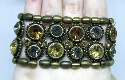 7" Cookie Lee Brass-T Stretch Cuff Bracelet Amber/Honey/Smoke Crystal Panels - Image 1 of 4