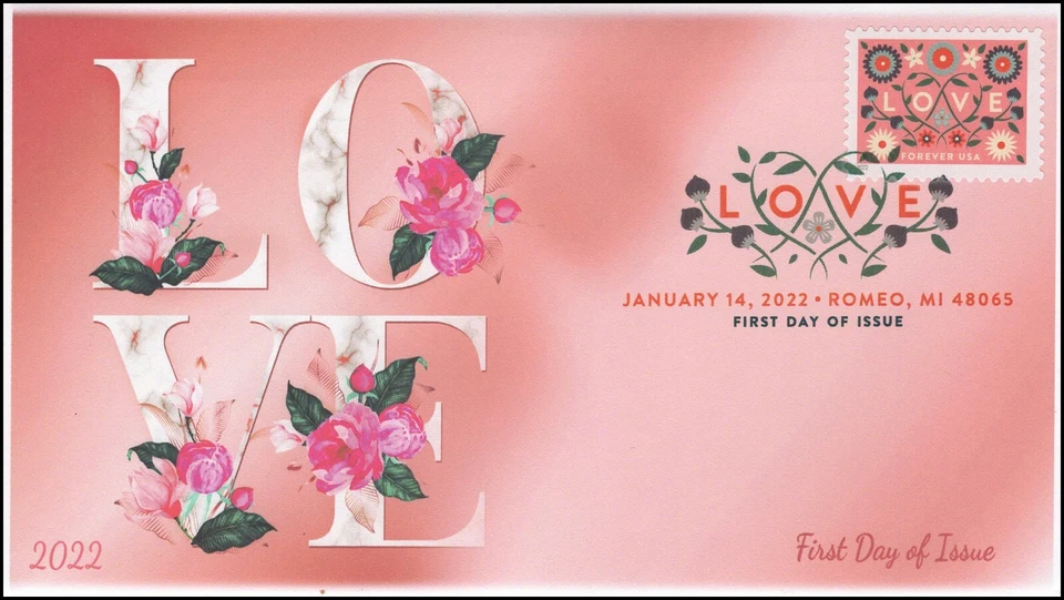 22-003, 2022, Love, First Day of Issue, Digital Color Postmark, Pink - Image 1 of 1