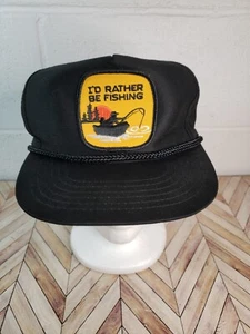 Vintage Black Trucker Snapback (I’d Rather Be Fishing) Mens Hat - Picture 1 of 7