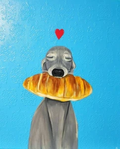 art 281 original painting 60x50 cm AK acrylic on canvas dog croissant animals - Picture 1 of 1