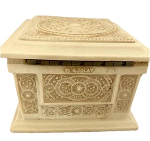 Vtg Intricately Carved Lined Incolay Trinket Box 4x4 inch With Info Sheet - Picture 1 of 8