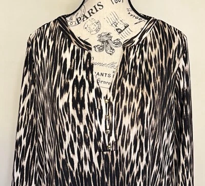 Blusa para mujer Dana Buchman grande de punto líquido estampado animal negra marrón tostada B42 Foto 1 de 4