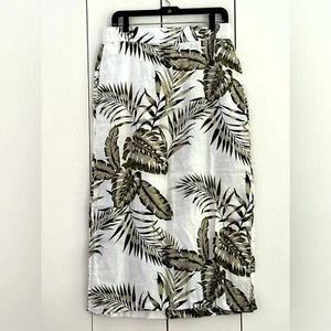 Tahari Leinen Midi Bleistift Rock M Blätter Print Taschen weiß oliv Beach Resort - Bild 1 von 8