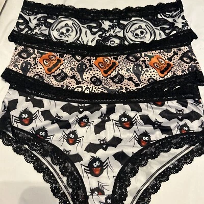 Morvia 3pk lace trim goth Emo Punk panties L skull Pumpkin Bats Spider Lingerie - Image 1 of 4