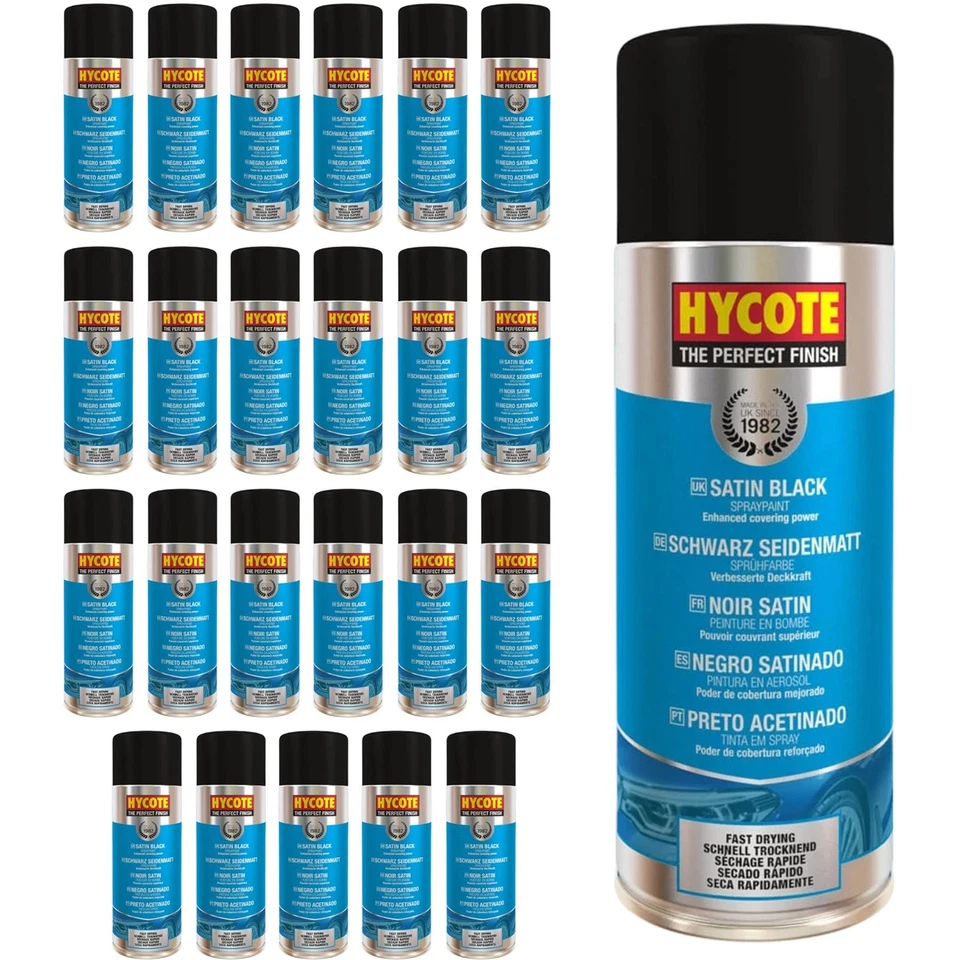 Hycote Satin Black Multi-Purpose Aerosol Spray Paint Fast Drying 400ml x24 - Image 1 of 4