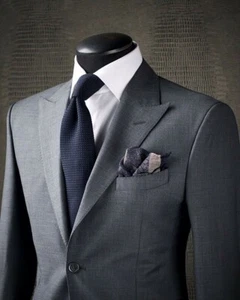 Men's Gray Suit 2Pcs Peak Lapel Slim Fit Suit Groom Tuxedos Wedding Formal Suit - Picture 1 of 9