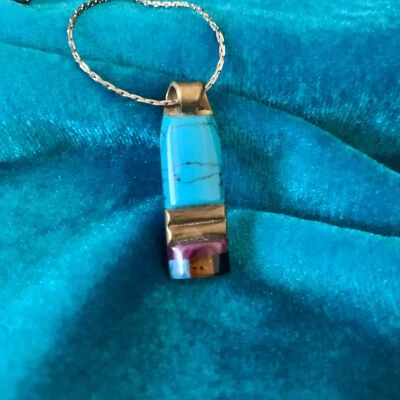 Mixed metal pendant necklace - turquoise amber and black stones Brass setting - Image 1 of 4