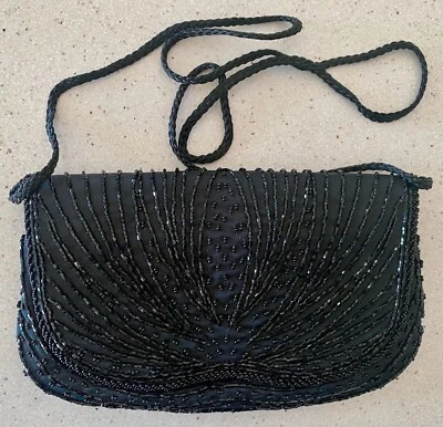 Vintage Purse Evening Bag Black Seed Beaded Cloth Strap 1980's Retro - Image 1 of 4