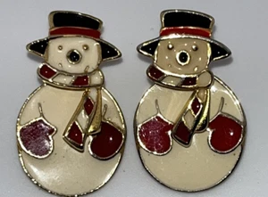 AIM Schneemann Emaille Ohrringe Weihnachten beweglicher Kopf goldfarben rot Schal Fäustlinge - Bild 1 von 7