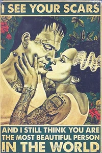 Letrero póster de metal estaño Frankenstein Monster & His Bride "I See Your Scars" - Imagen 1 de 1