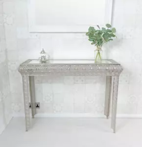 Silver Embossed Metal Glass Moroccan Style Console Table (GZ420) - Picture 1 of 10