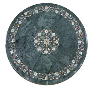 18" Green Marble side end Table Top Floral Semi Precious Stones Inlay Art Work - Picture 1 of 2