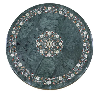 18" Green Marble side end Table Top Floral Semi Precious Stones Inlay Art Work - Image 1 of 2