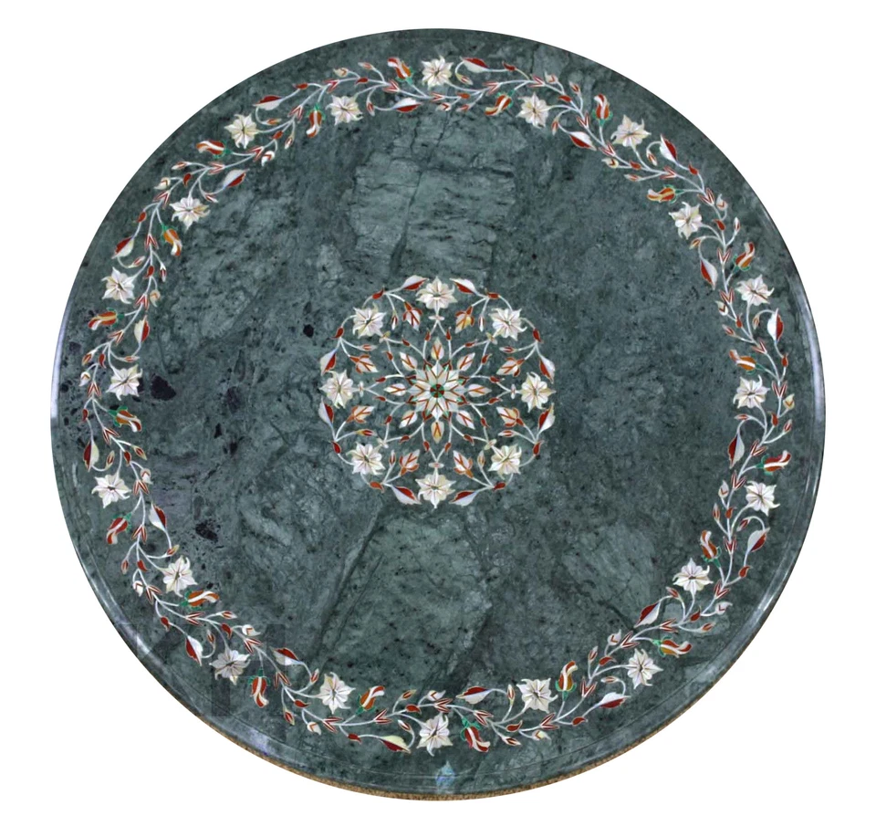 18" Green Marble side end Table Top Floral Semi Precious Stones Inlay Art Work - Image 1 of 2