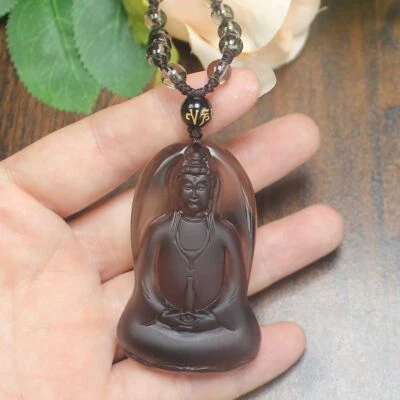 Piedras preciosas naturales hielo obsidiana Guanyin Kwan-yin collar colgante con cadena Foto 1 de 4