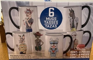 Hipster Mugs Set of 6 Animal 14 oz Coffee MugsNew In Box Signature Stoneware NIB - Picture 1 of 7