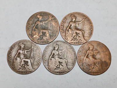 Great Britain 1/2 Penny Set - 1912-1920 - 5x Bronze Half Penny - George V - Image 1 of 4