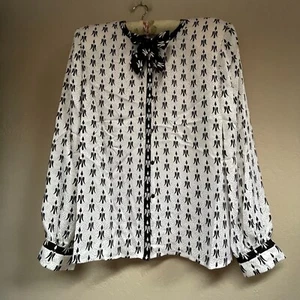 VTG Maggy London Womens Size 14 White Black Bow-Neck Silk Blouse Top Long Sleeve - Picture 1 of 8