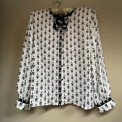 VTG Maggy London Womens Size 14 White Black Bow-Neck Silk Blouse Top Long Sleeve - Image 1 of 4