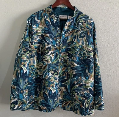 Chaqueta Acolchada Ligera Alfred Dunner Cremallera Estampado Hoja Verde Azulado/Crema Talla 16W Foto 1 de 4