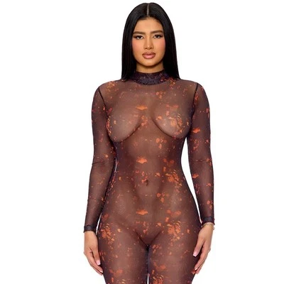 Macacão com estampa de lava malha transparente mangas compridas zíper traseiro preto laranja 114845 P/M - Imagem 1 de 4