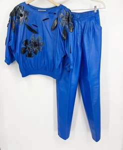Vintage 80's Full Leather Blue Set Women's Costume Retro Size Small/4-6 - Picture 1 of 11