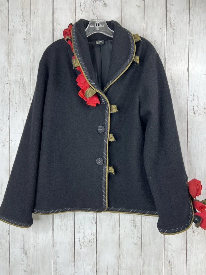 Chaqueta de lana hervida Covelo para mujer XL negra seda organza rosetas rosas arte Foto 1 de 4
