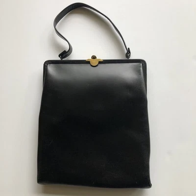 Bolso de Mano Cartera Vintage Años 50 Cuero Negro Snap Top Mérito Nueva York Forma Única Foto 1 de 4