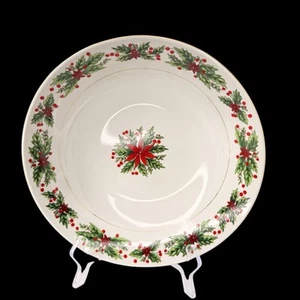 Lynns Wreath Christmas Serving Bowl 9 1/2" Round Holly Berries Poinsettias - Picture 1 of 5